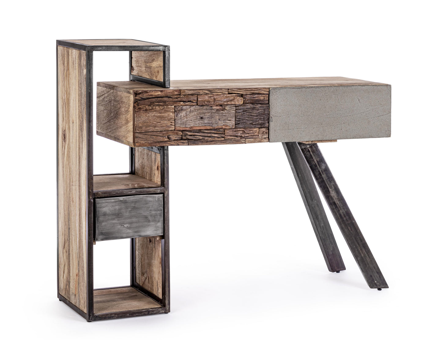 Consolle credenza industrial con frontali in legno ferro e cemento 2 cassetti