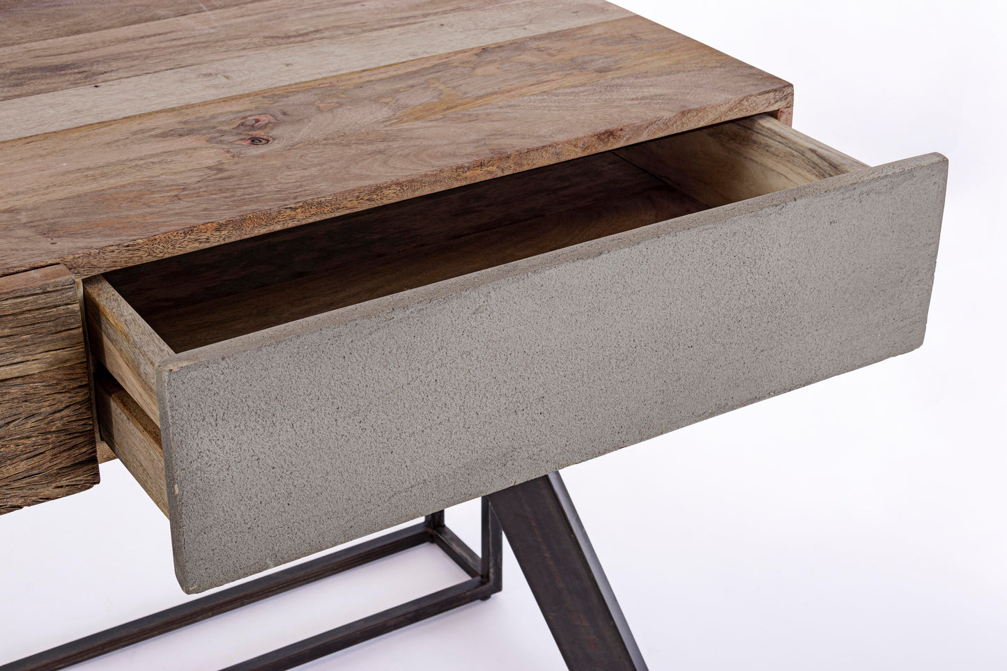 Scrivania industrial con frontale in legno ferro e cemento 2 cassetti