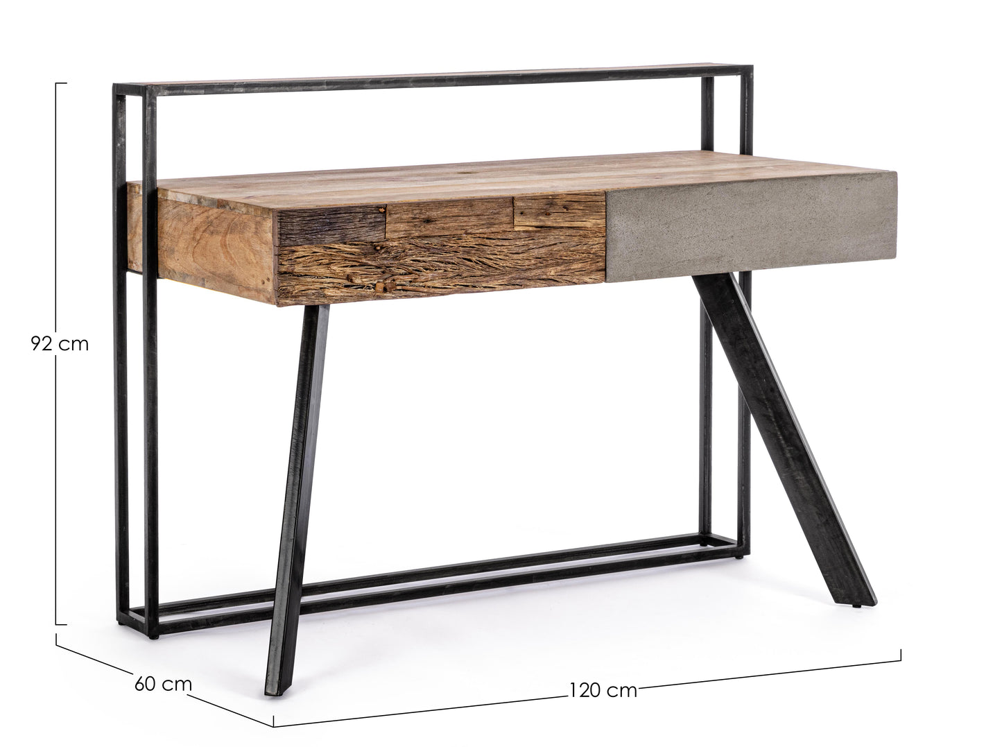Scrivania industrial con frontale in legno ferro e cemento 2 cassetti