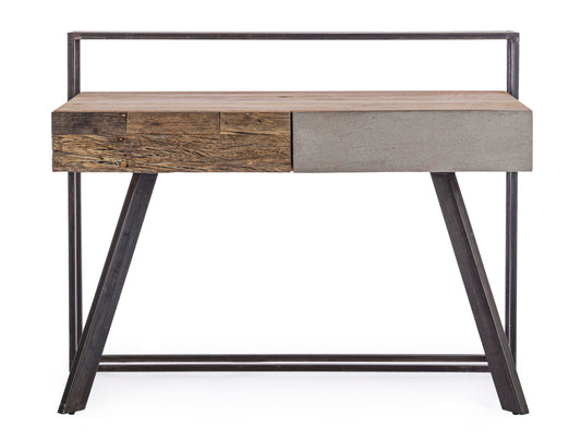 Scrivania industrial con frontale in legno ferro e cemento 2 cassetti