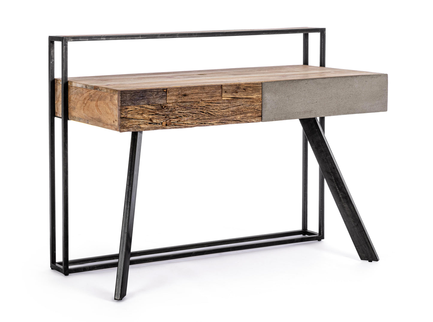 Scrivania industrial con frontale in legno ferro e cemento 2 cassetti