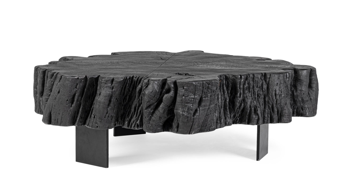 Tavolino da salotto in tronco massiccio nero gambe in acciaio