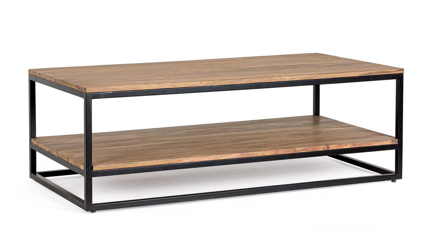Tavolino industrial con doppio piano in legno massiccio e struttura in acciaio