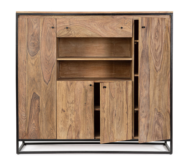 Credenza alta etnica industrial in legno massello e ferro battuto 4A 1C