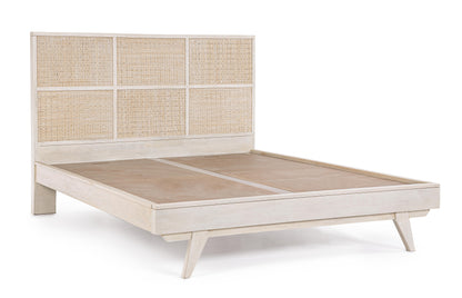 Letto stile vintage in legno massiccio con testiera Rattan