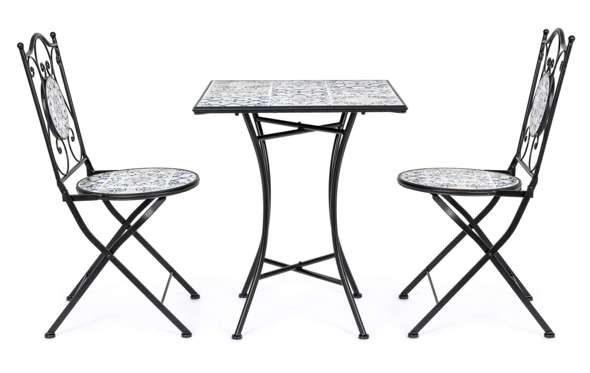 Set tavolo e 2 sedie in ferro con seduta e decori in ceramica - lapagoda.net