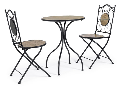 Set tavolo e 2 sedie in ferro con seduta e decori in ceramica moderna