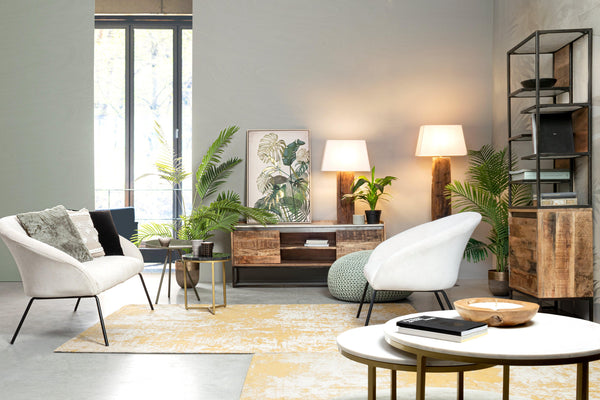 Lampada piantana legno riciclato ottone  e cotone bianco