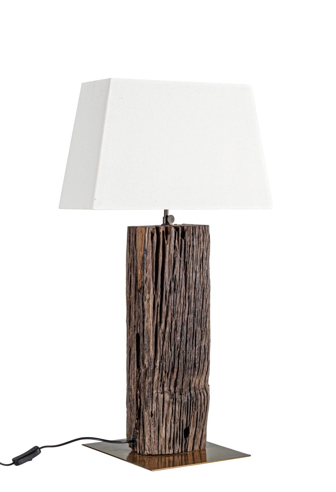 Lampada piantana legno riciclato ottone e cotone bianco - lapagoda.net