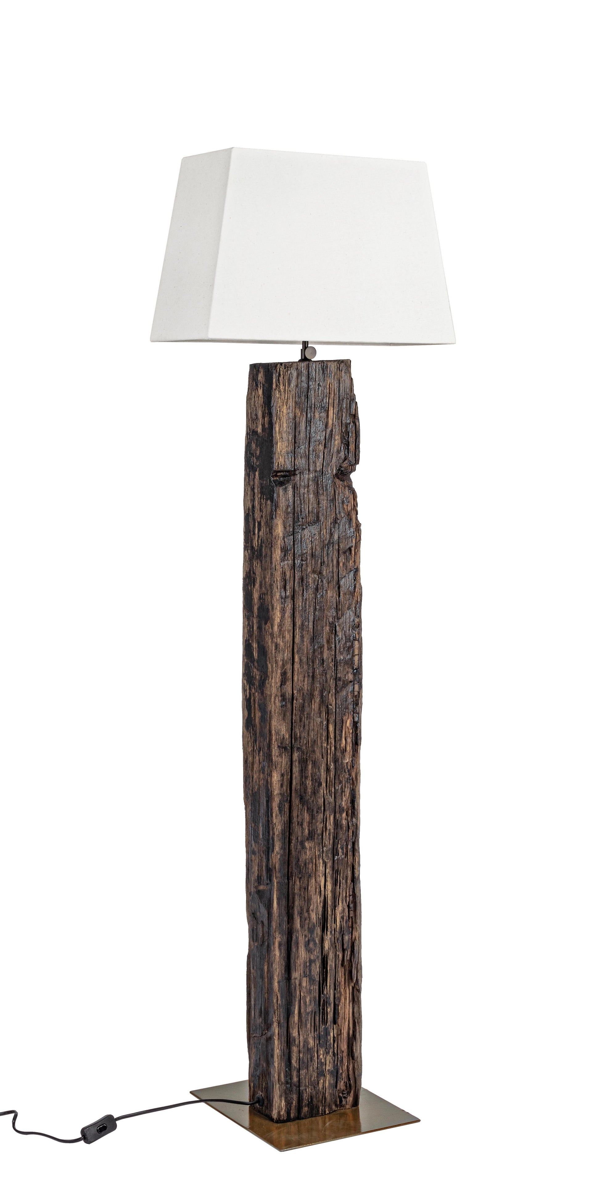 Lampada piantana legno riciclato ottone e cotone bianco - lapagoda.net