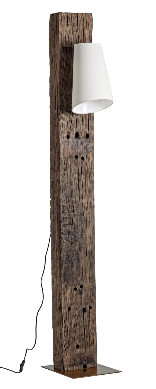 Lampada piantana legno riciclato ottone e cotone bianco - lapagoda.net