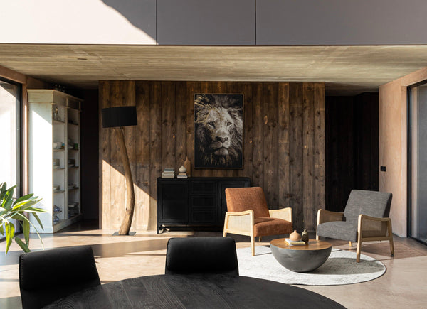 Lampada piantana tonda legno riciclato acciaio e cotone nero
