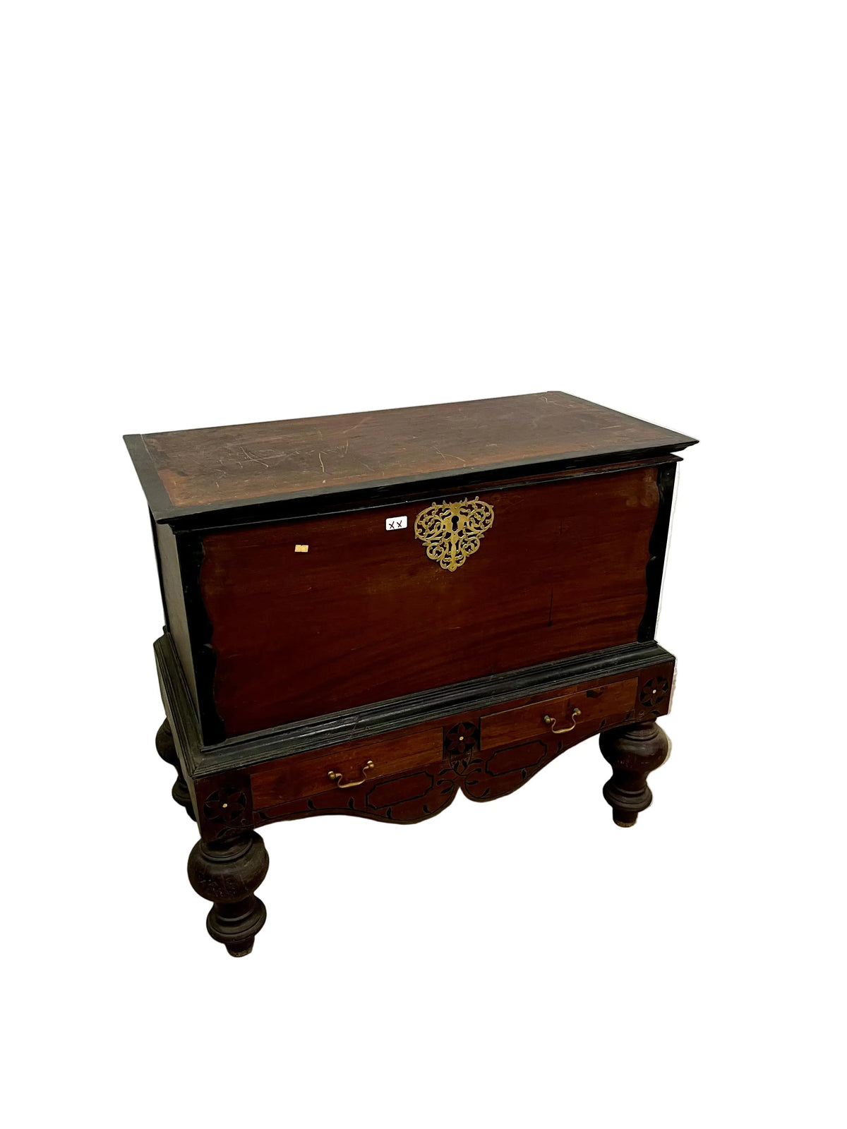 Baule coloniale in teak con intarsio ebano ottone