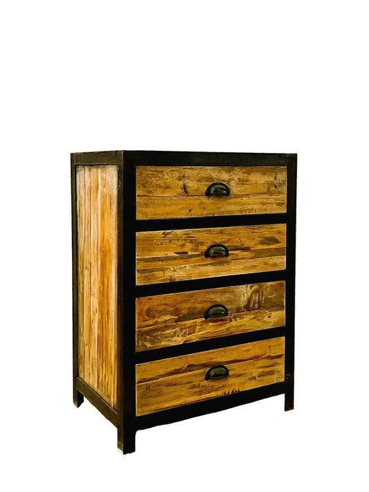 Cassettiera stile industrial in legno massiccio e ferro 4 cassetti completa