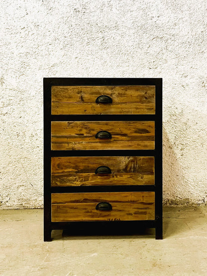 Cassettiera stile industrial in legno massiccio e ferro 4 cassetti