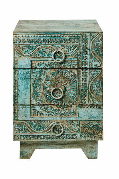 Cassettiera indiana vecchi timbri legno massiccio dipinta 3 cassetti