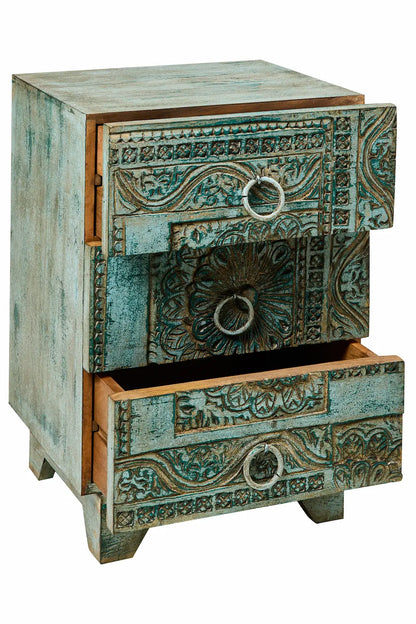 Cassettiera indiana vecchi timbri legno massiccio dipinta 3 cassetti