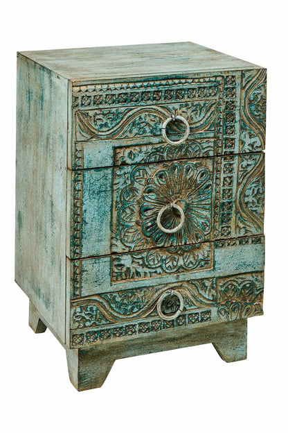 Cassettiera indiana vecchi timbri legno massiccio dipinta 3 cassetti