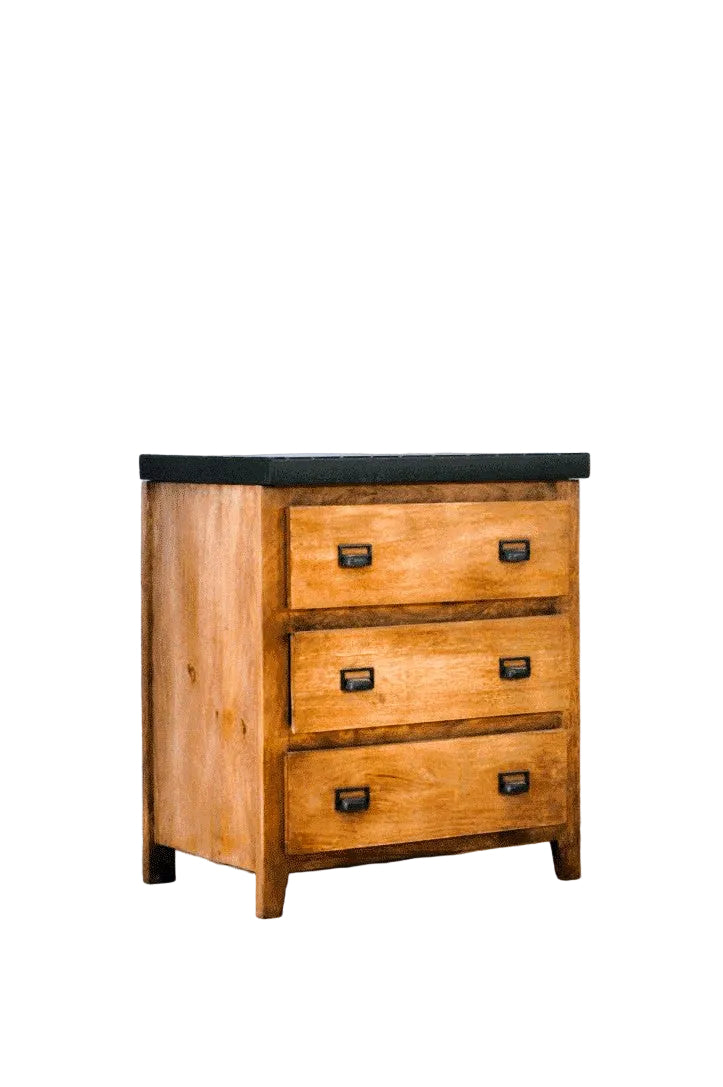 Cassettiera vintage in legno massello e top in ferro 3 cassetti