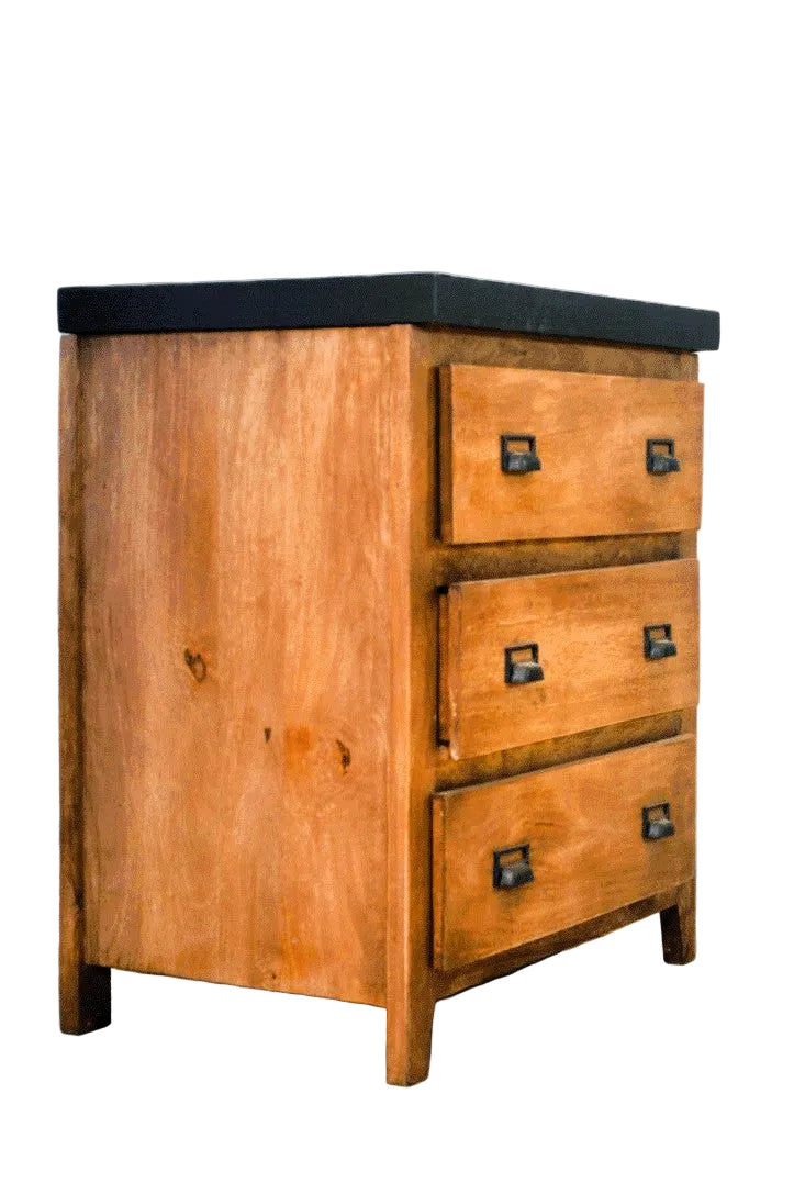 Cassettiera vintage in legno massello e top in ferro 3 cassetti