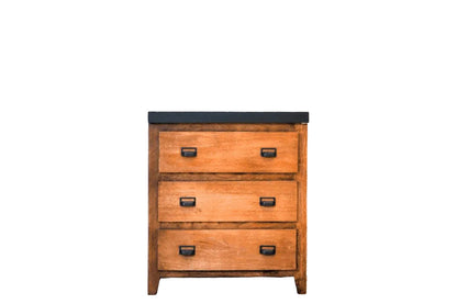 Cassettiera vintage in legno massello e top in ferro 3 cassetti