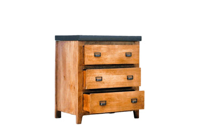 Cassettiera vintage in legno massello e top in ferro 3 cassetti