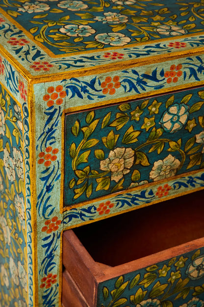 Cassettiera settimino Indiano in legno massello dipinto giallo fiori rossi 7c