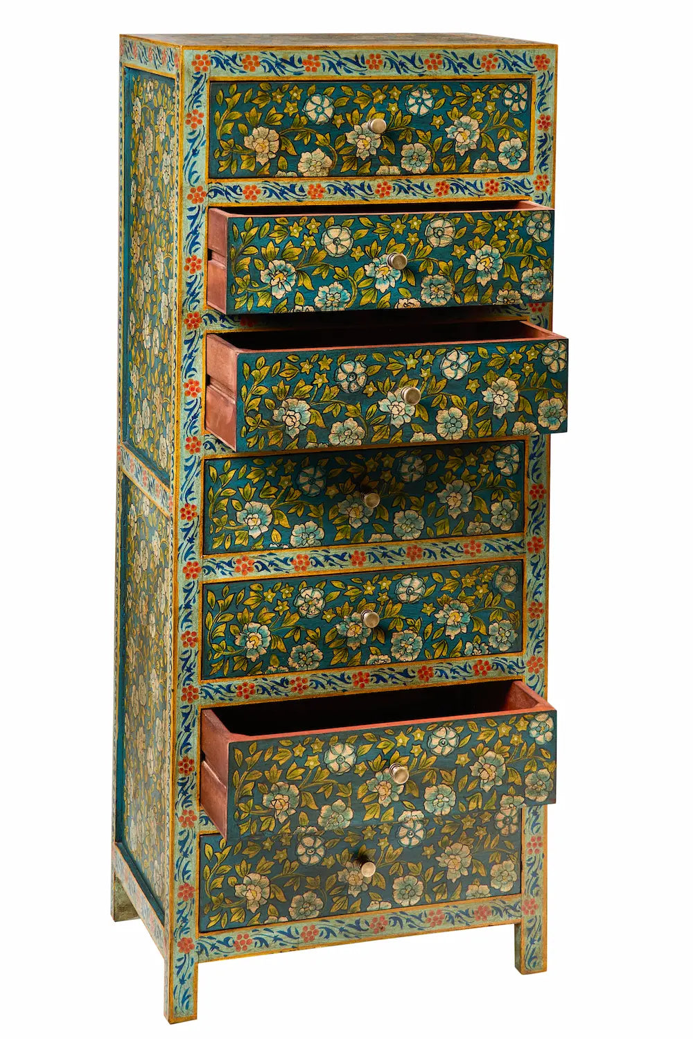 Cassettiera settimino Indiano in legno massello dipinto giallo fiori rossi 7c