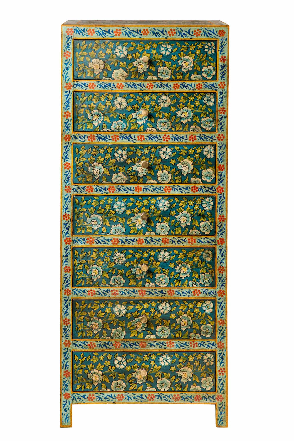 Cassettiera settimino Indiano in legno massello dipinto giallo fiori rossi 7c