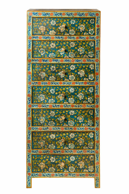 Cassettiera settimino Indiano in legno massello dipinto giallo fiori rossi 7c