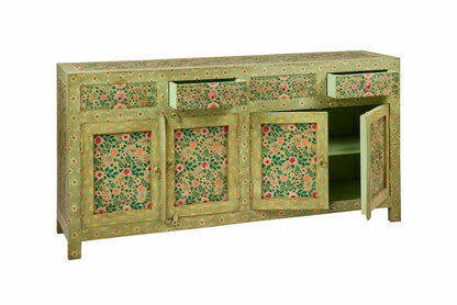 Credenza indiana dipinta 4 ante 4 cassetti verde giallo rosso floreale
