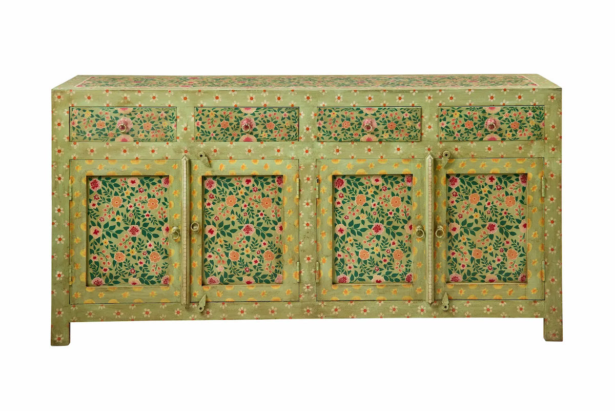 Credenza indiana dipinta 4 ante 4 cassetti verde giallo rosso floreale