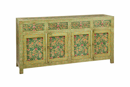 Credenza indiana dipinta 4 ante 4 cassetti verde giallo rosso floreale