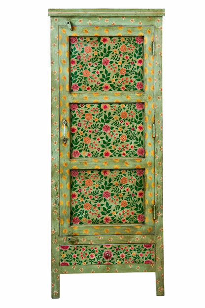 Credenza indiana dipinta verde giallo rosso floreale