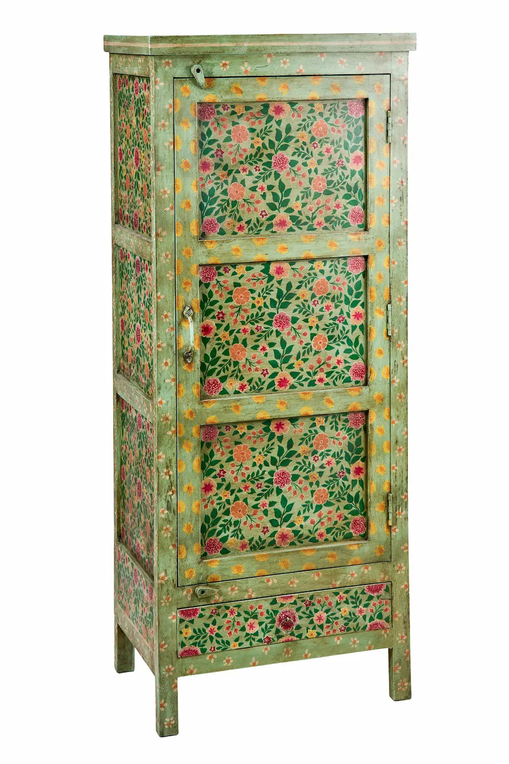 Credenza indiana dipinta verde giallo rosso floreale