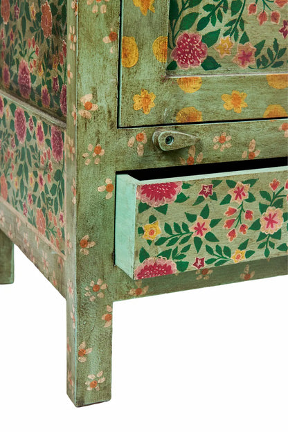 Credenza indiana dipinta verde giallo rosso floreale