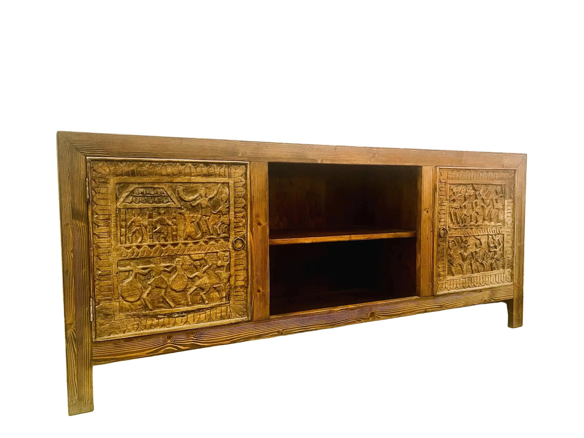 Credenza etnica indiana Orissa in legno massiccio con ante intarsiate