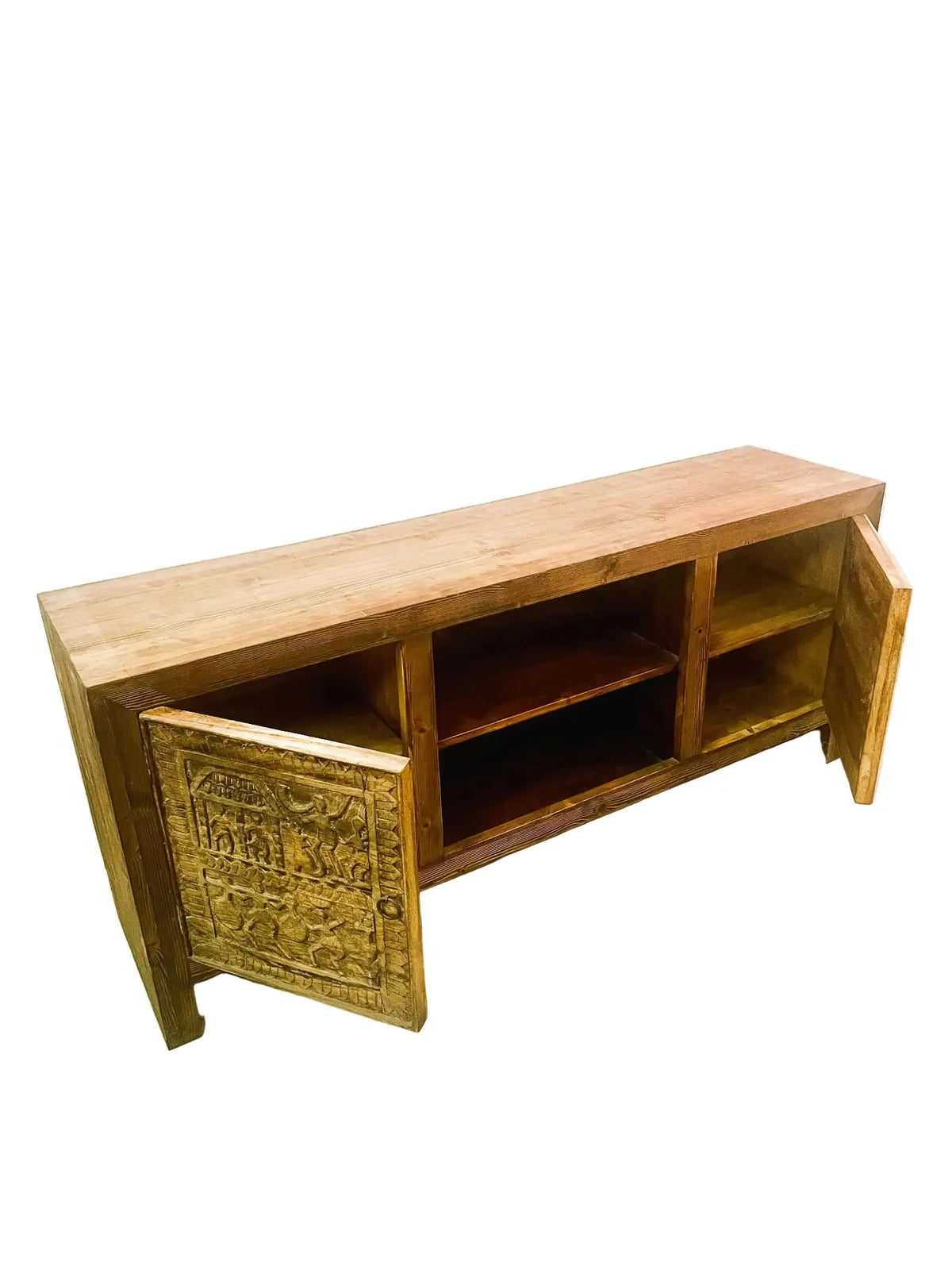 Credenza etnica indiana Orissa in legno massiccio con ante intarsiate dettaglio piano