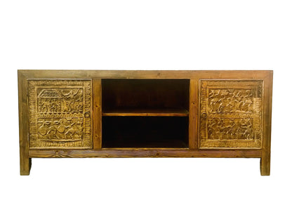 Credenza etnica indiana Orissa in legno massiccio con ante intarsiate frontale 