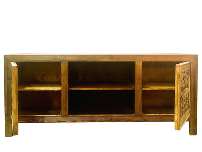Credenza etnica indiana Orissa in legno massiccio con ante intarsiate aperta frontale
