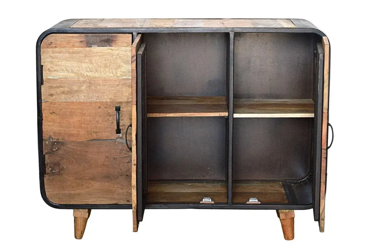 Credenza vintage in ferro e legno massiccio, ante aperte