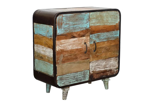 Credenza vintage industrial multicolore in legno massello riciclato e ferro battuto, vista completa
