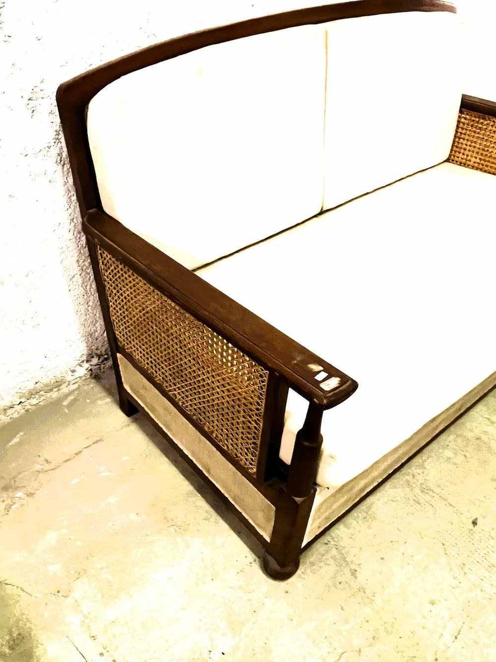 Salotto coloniale originale in teak e paglia di Vienna: divano e 2 poltrone