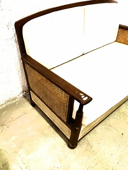 Salotto coloniale originale in teak e paglia di Vienna: divano e 2 poltrone