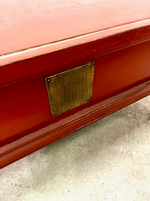 Tavolino da the Cinese laccato rosso legno e ottone