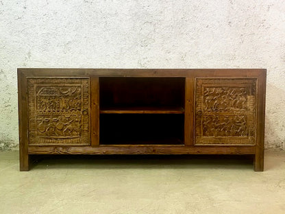 Credenza etnica indiana Orissa in legno massiccio con ante intarsiate
