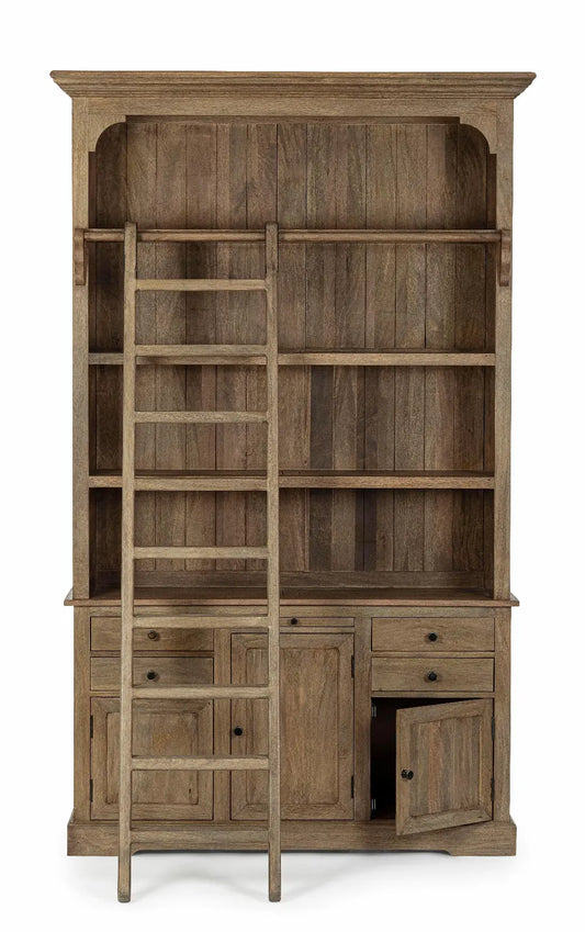 Libreria provenzale con scala in legno massello naturale frontale anta aperta - lapagoda.net