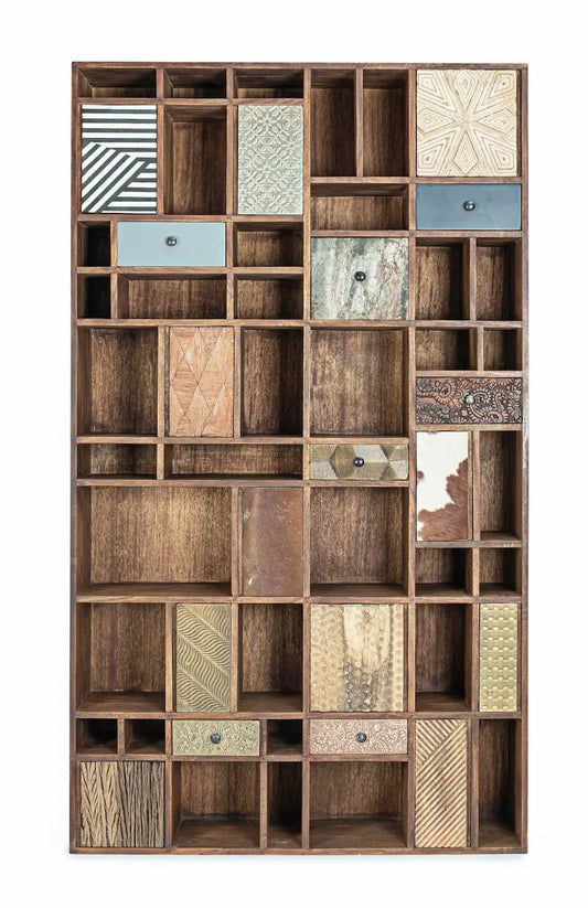 Libreria vintage multicolore pelle e metallo in legno massello 10 ante 7 cassetti