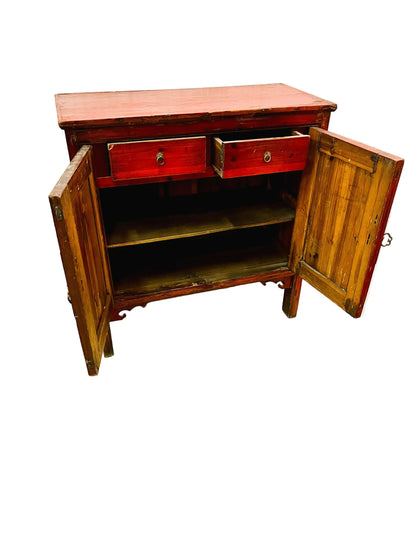 Credenza cinese antica in legno di cipresso maniglie in ottone 2 cassetti interni