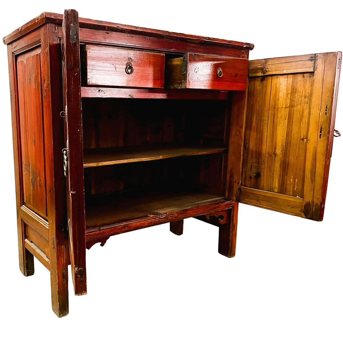 Credenza cinese antica in legno di cipresso maniglie in ottone aperta